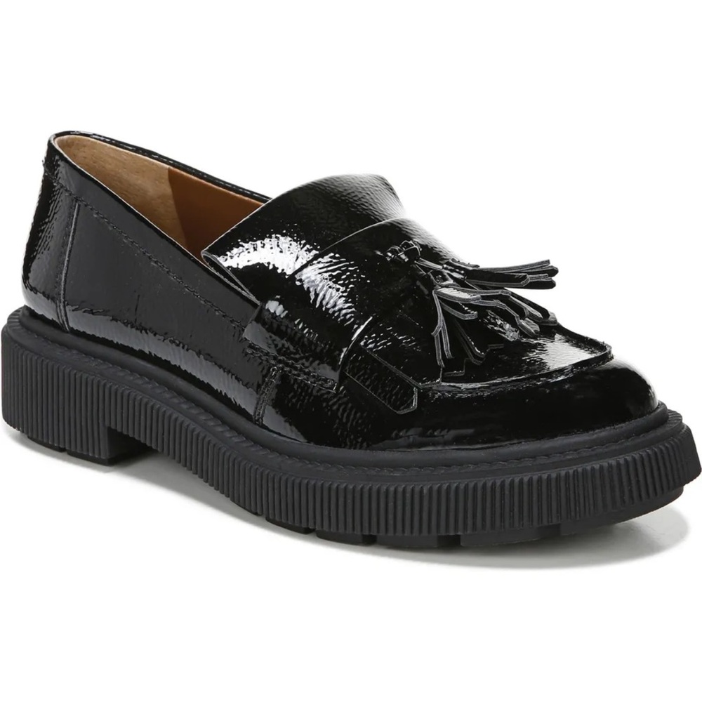 Franco Sarto Jack Kiltie Fringe Platform Loafer in Black Patent 7.5